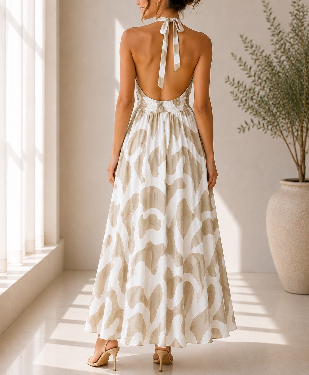 Ladies Beige And Cream Halter Neck Printed Maxi Dress - StylePhase SA