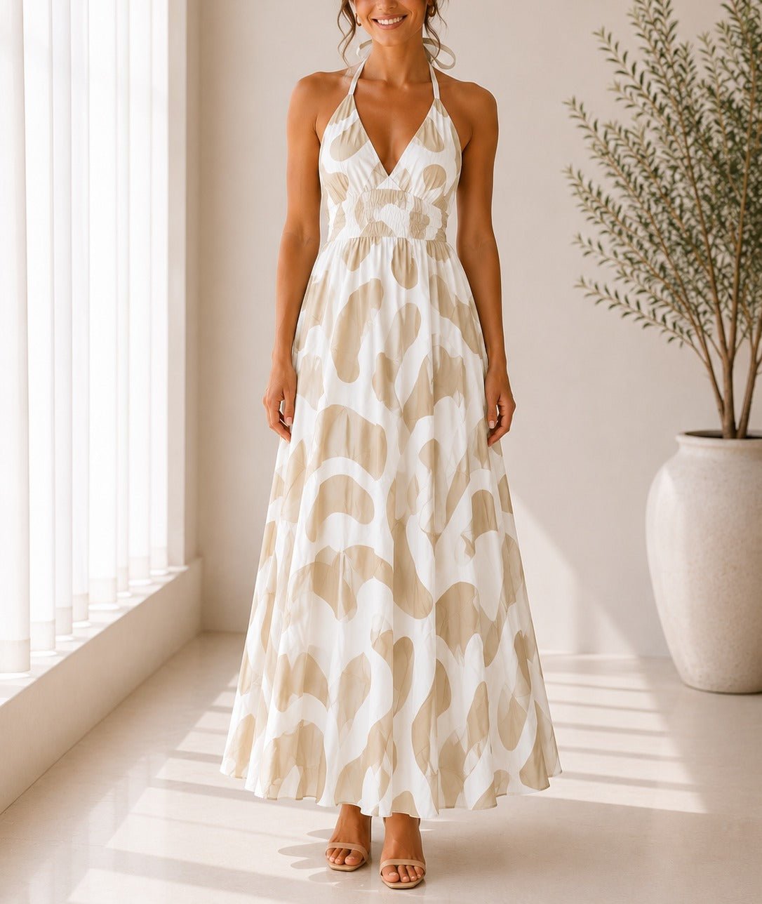 Ladies Beige And Cream Halter Neck Printed Maxi Dress - StylePhase SA