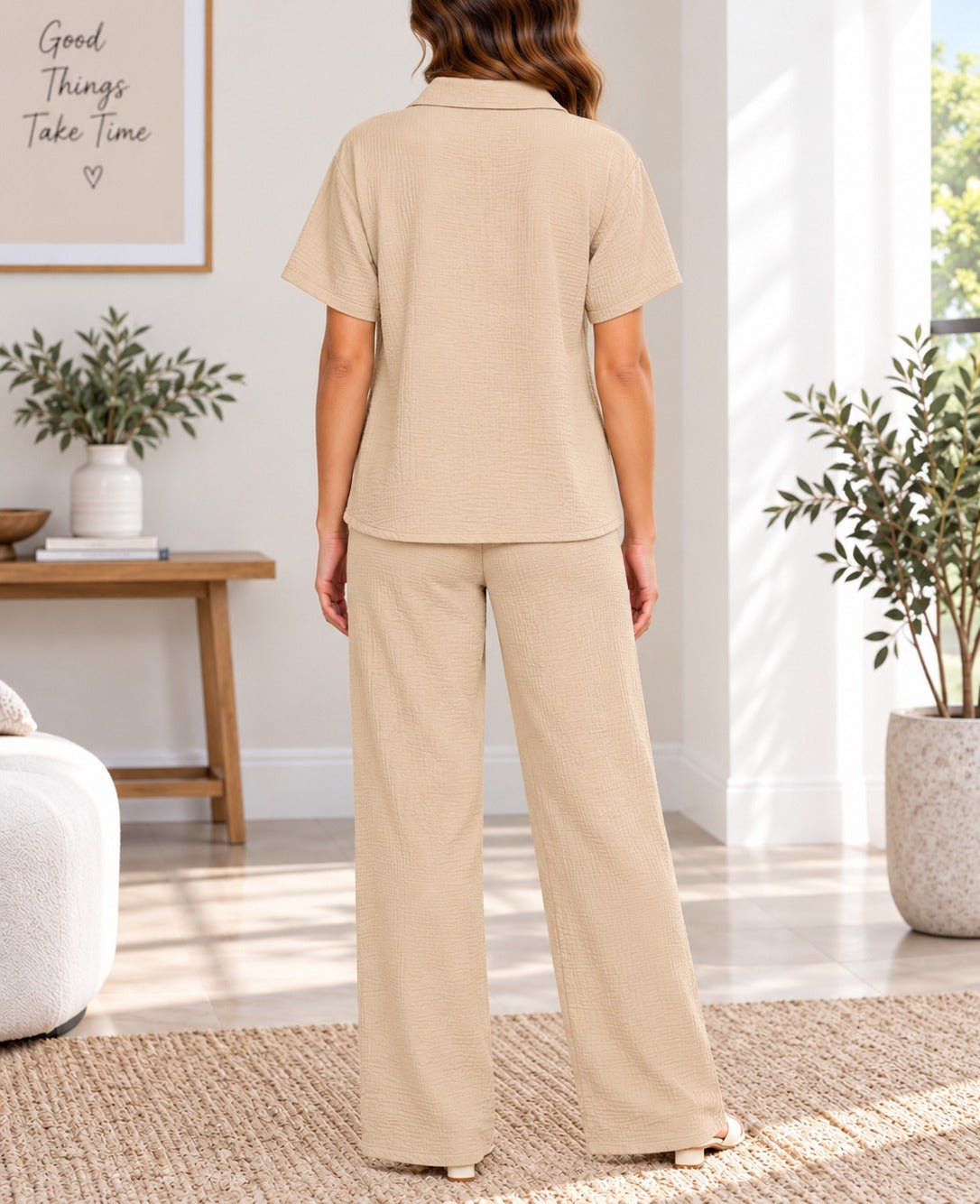 Ladies Beige Button Shirt Two-Piece Set - StylePhase SA