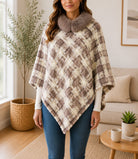 Ladies Beige & Cream Fur Collar Poncho - StylePhase SA