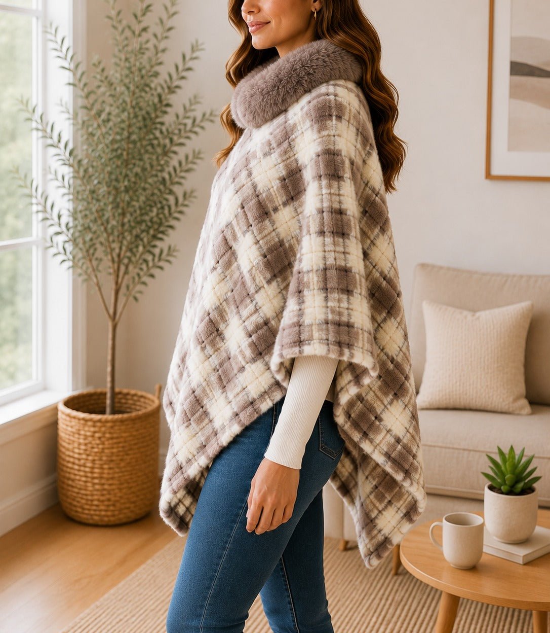 Ladies Beige & Cream Fur Collar Poncho - StylePhase SA