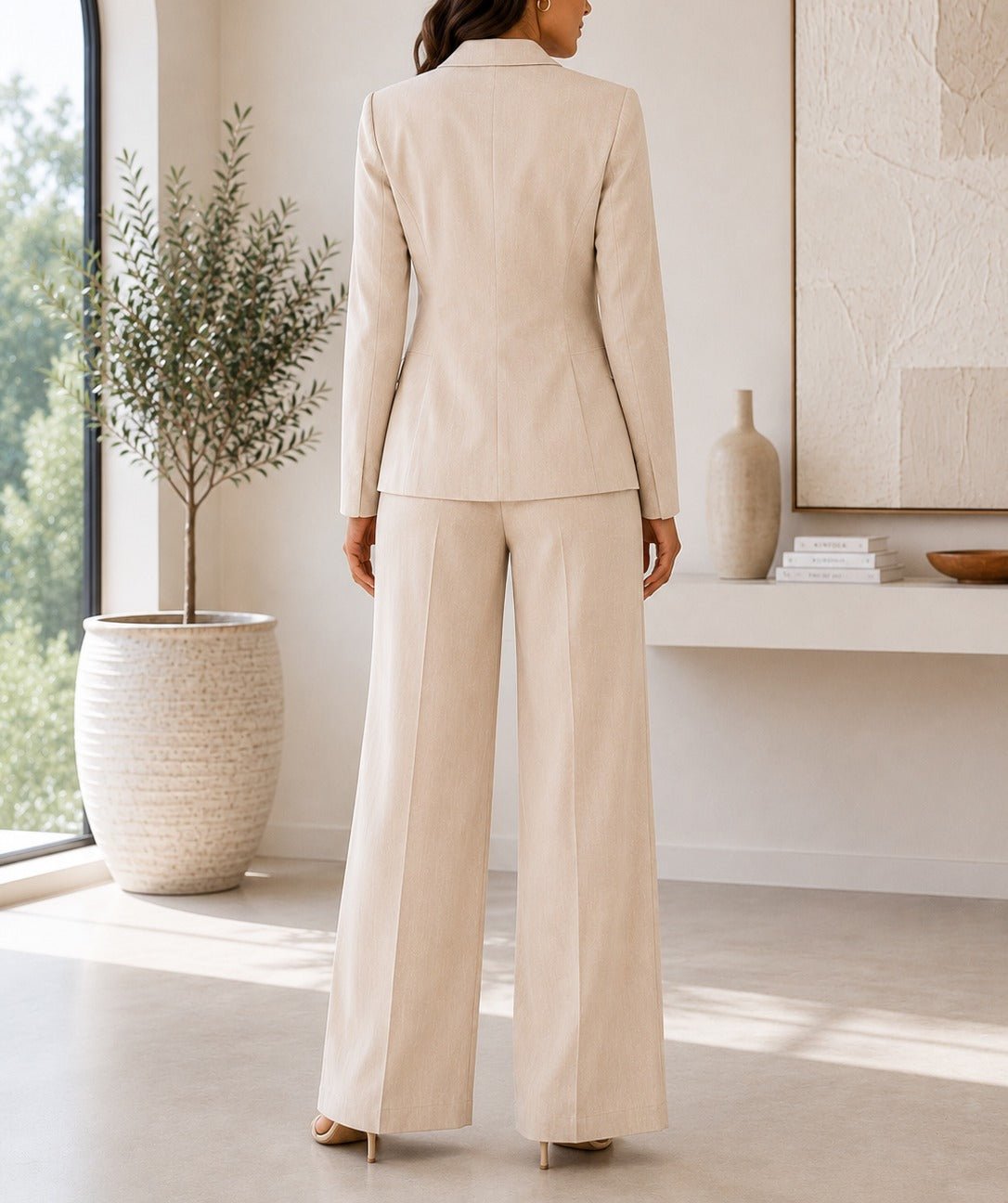 Ladies Beige Double Breasted Blazer & Wide Leg Trouser Set - StylePhase SA