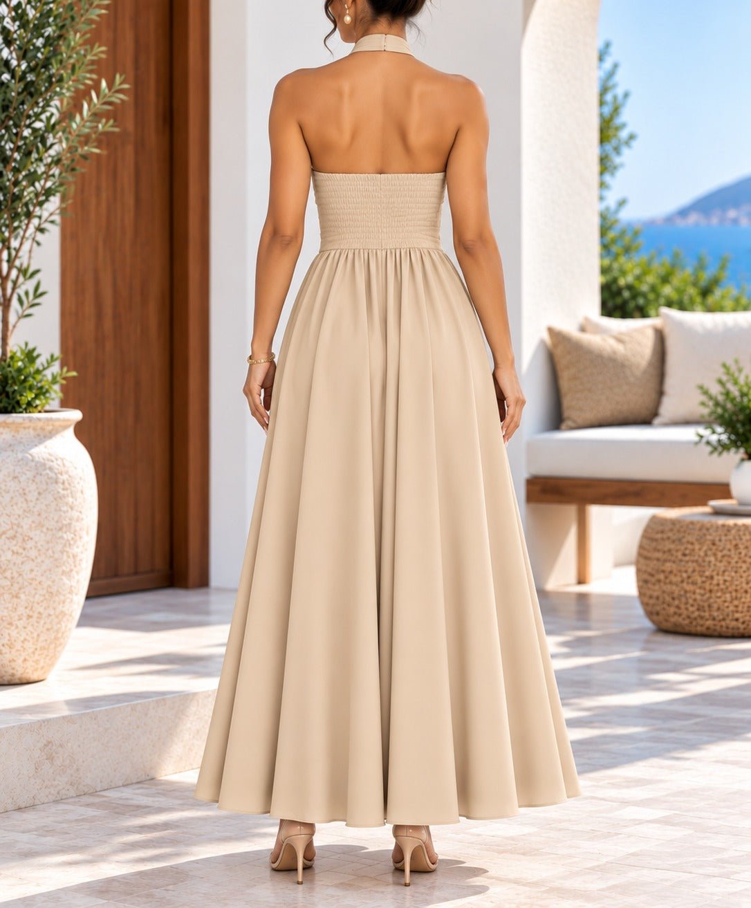 Ladies Beige Halter Neck Maxi Dress - StylePhase SA
