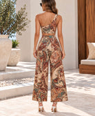 Ladies Beige Multi Color One Shoulder Tie Knot Two-Piece Set - StylePhase SA