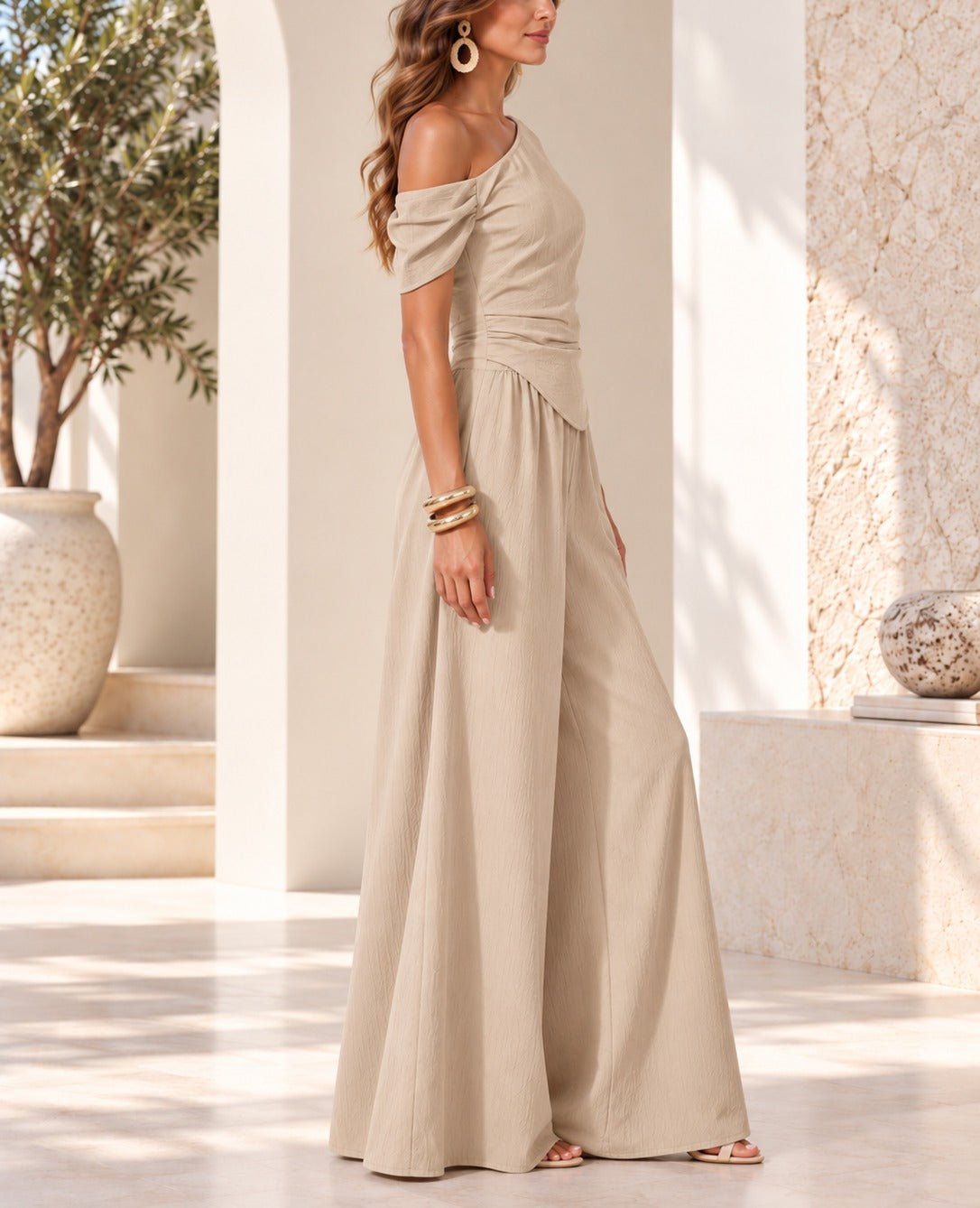 Ladies Beige Off Shoulder Pants Two Piece Set - StylePhase SA