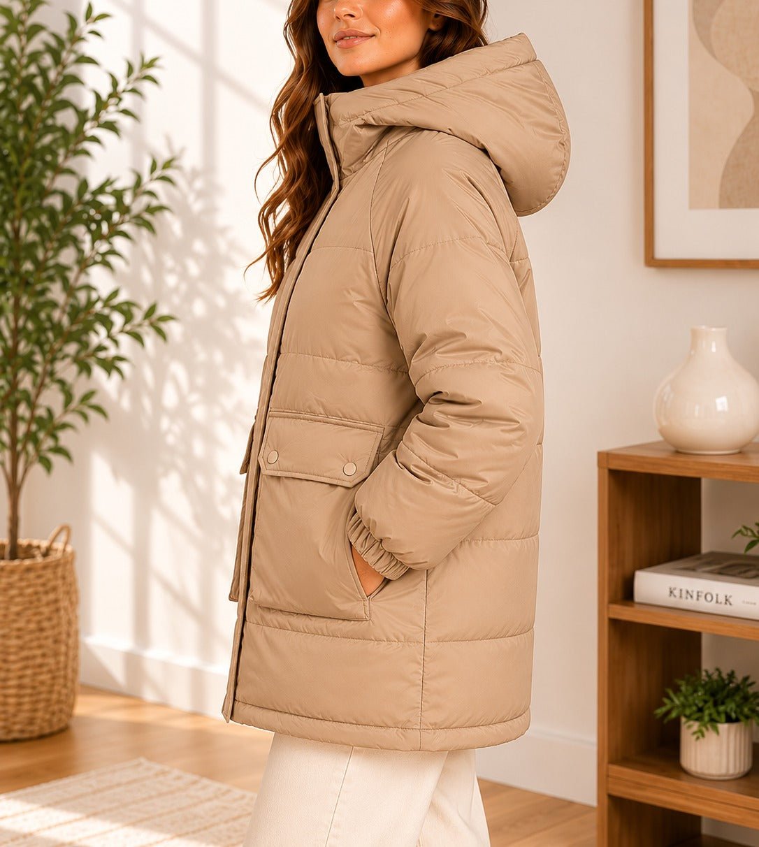 Ladies Beige Puffer Hoody jacket - StylePhase SA