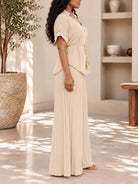 Ladies Beige Tassel Tie Pleated Two-Piece Set - StylePhase SA