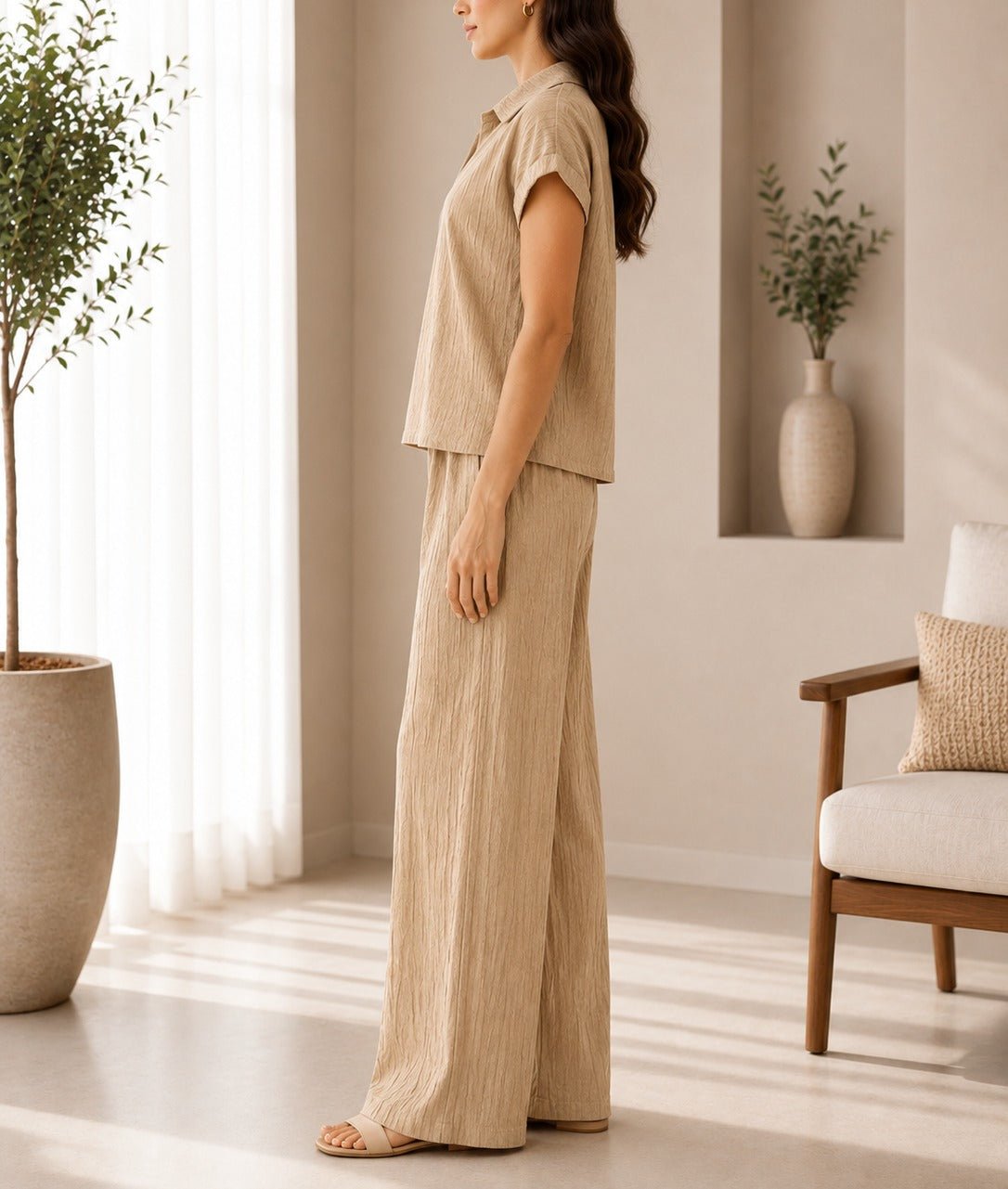 Ladies Beige Textured Two-piece New Feeling Set - StylePhase SA