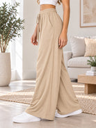 Ladies Beige Wide Leg Drawstring Pocket Pants - StylePhase SA
