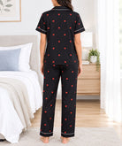 Ladies Black And Red Heart Print Satin Pyjama Set - StylePhase SA