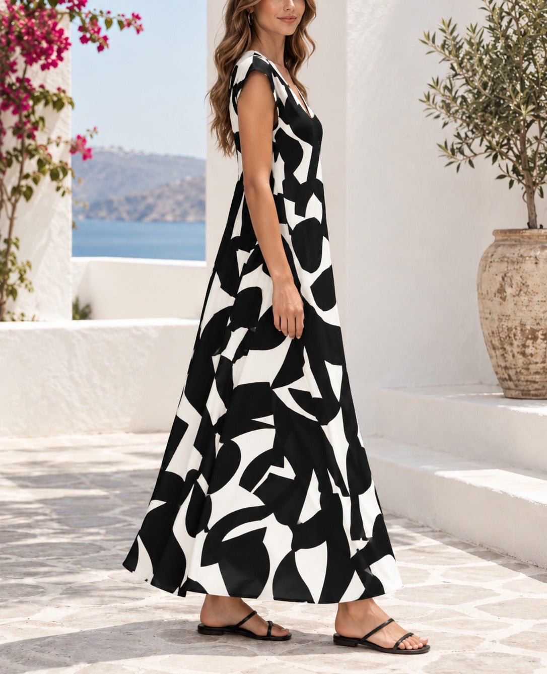 Ladies Black And White Cap Sleeve Maxi Dress - StylePhase SA