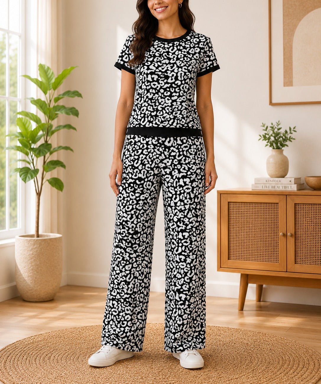 Ladies Black And White Leopard Print Knitwear Jersey Set - StylePhase SA