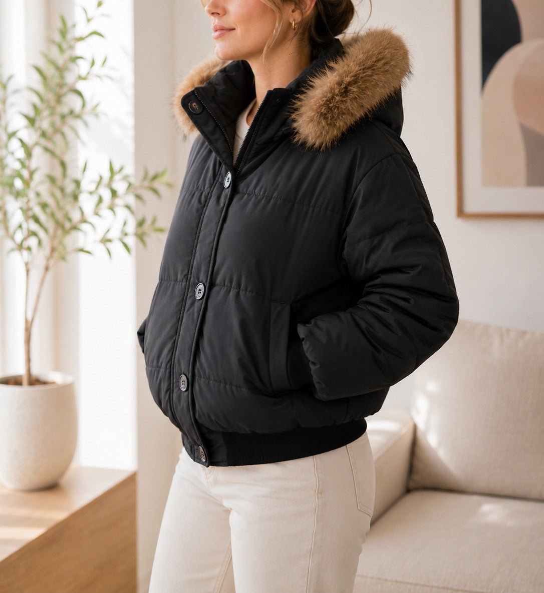 Ladies Black Button Front Hoody Jacket - StylePhase SA