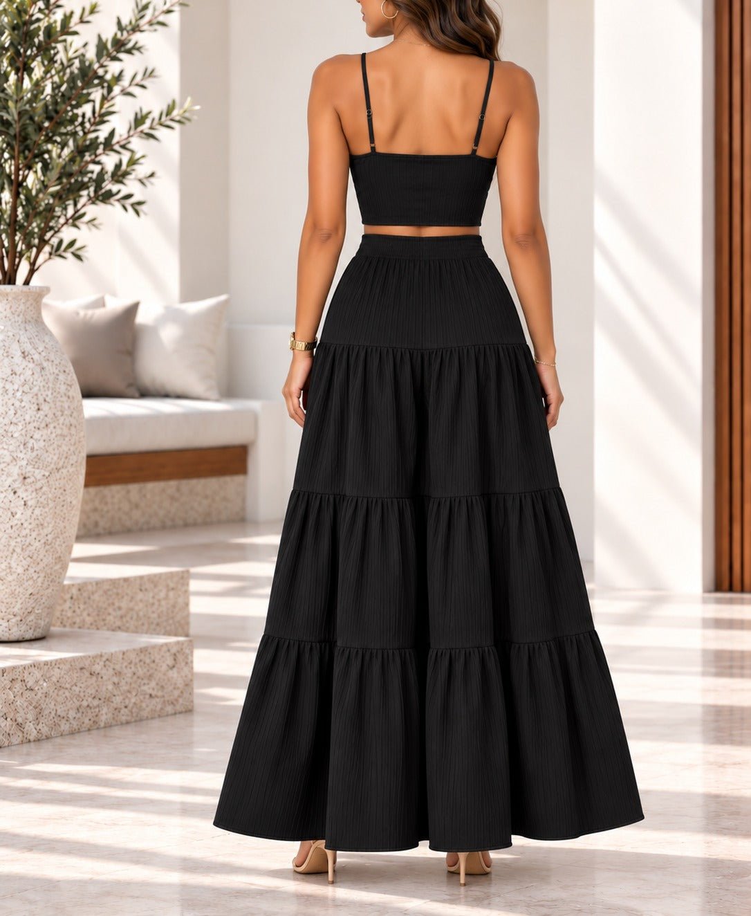 Ladies Black Crop Cami And Tiered Maxi Skirt - StylePhase SA