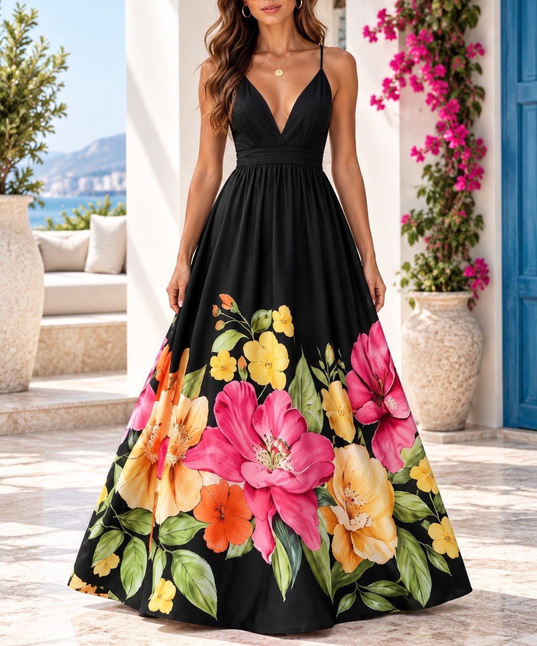 Ladies Black Floral Deep V-Neck Maxi Dress - StylePhase SA