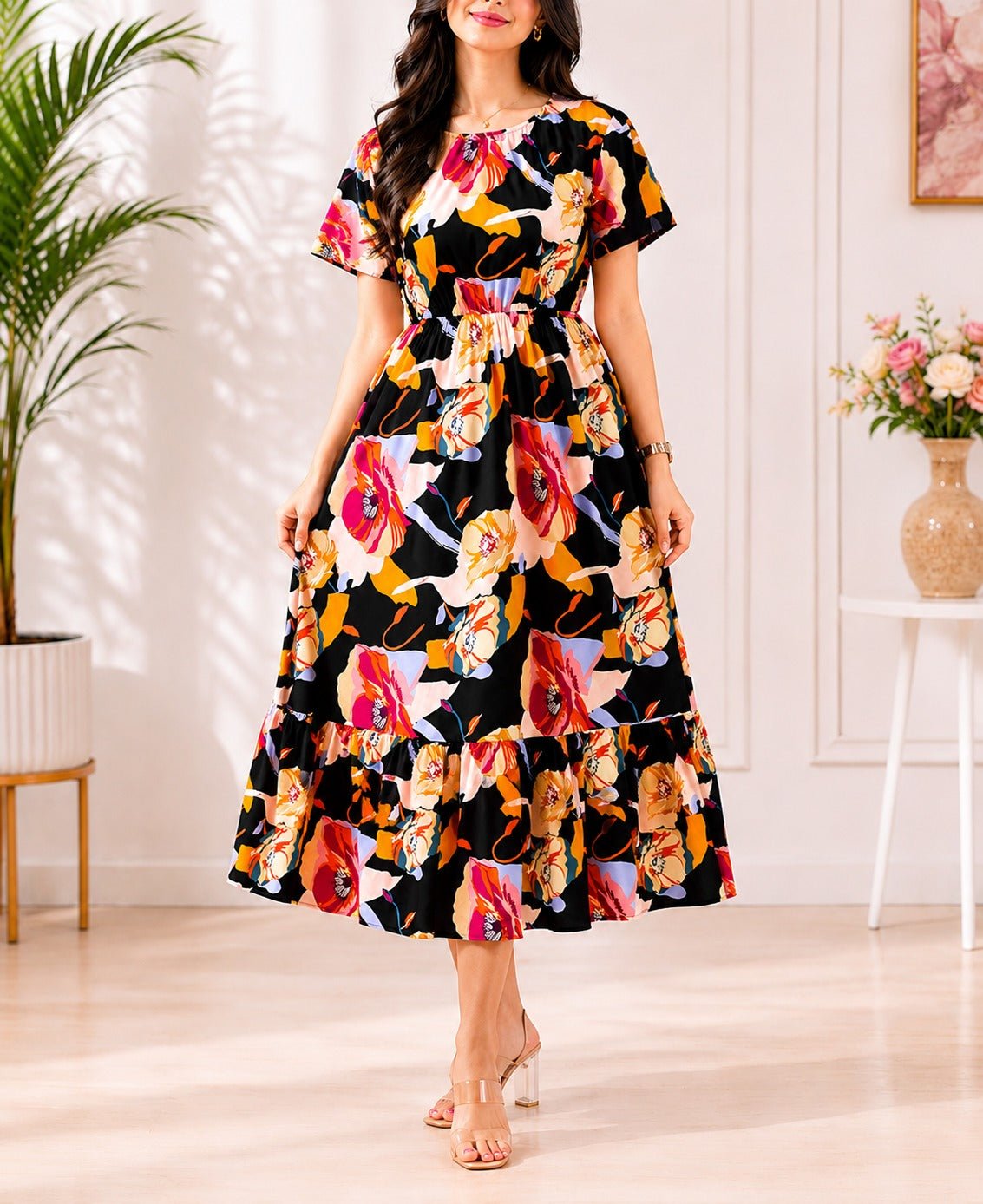Ladies Black Floral Midi Dress - StylePhase SA