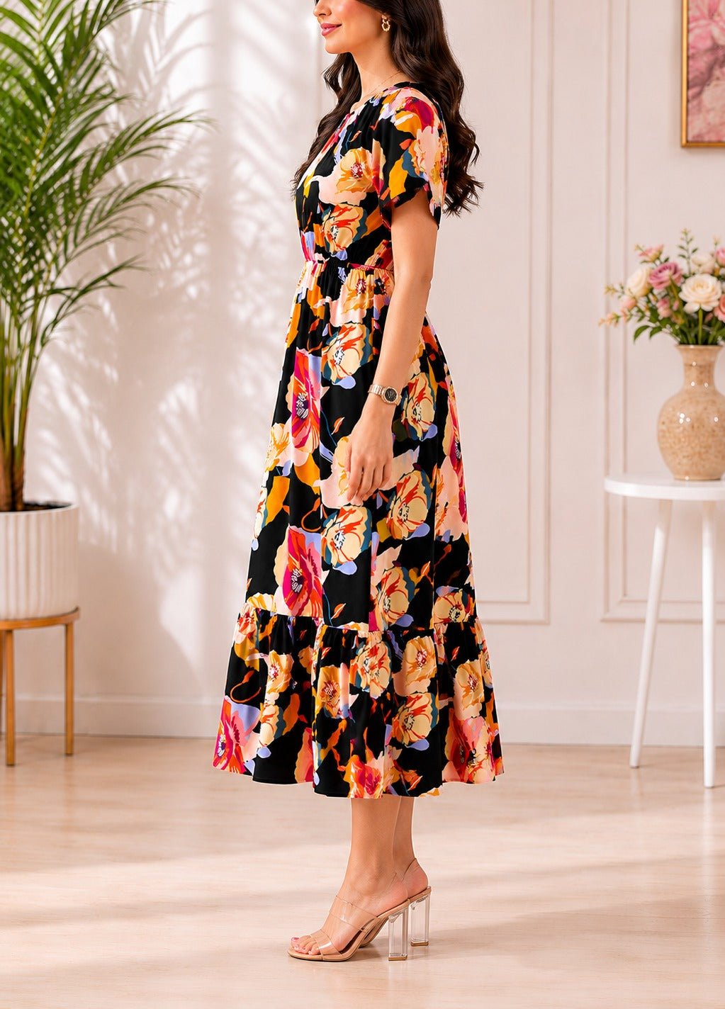 Ladies Black Floral Midi Dress - StylePhase SA