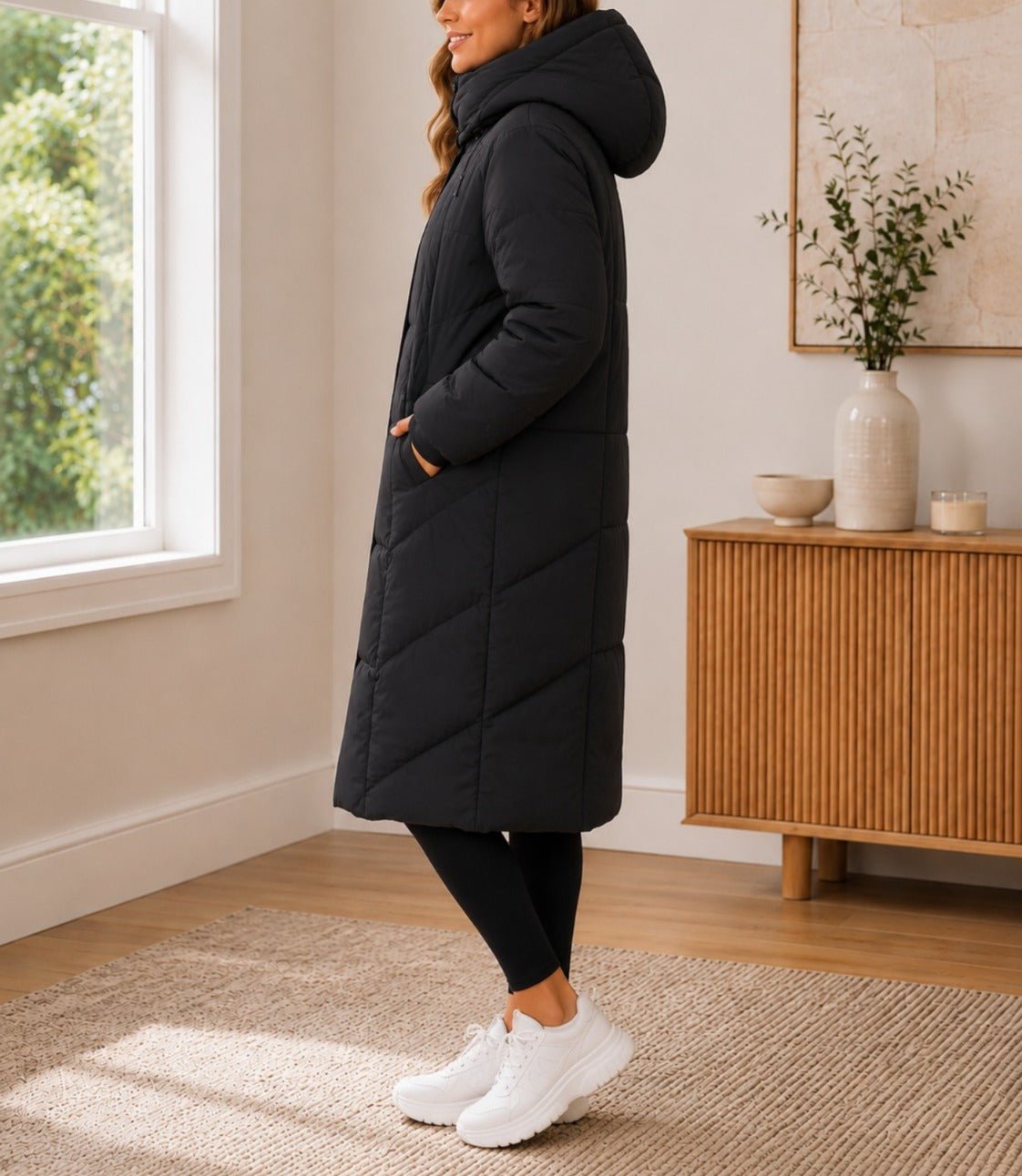 Ladies Black Long Drawstring Lined Hoody Jacket - StylePhase SA