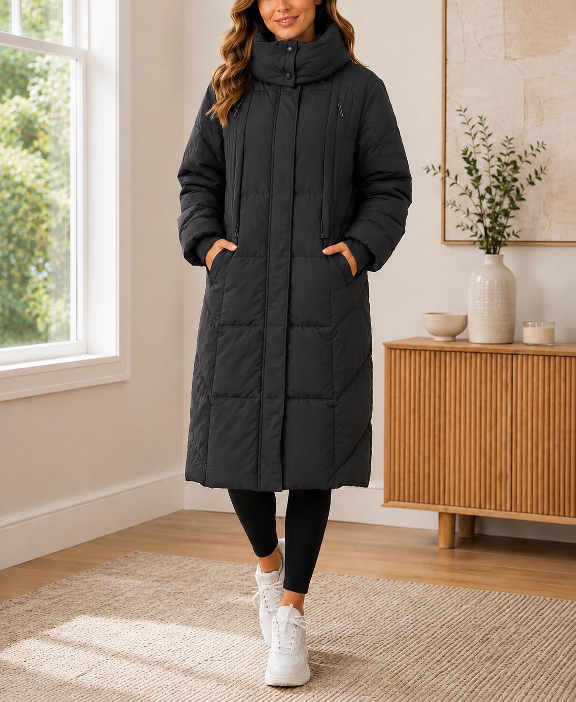 Ladies Black Long Drawstring Lined Hoody Jacket - StylePhase SA
