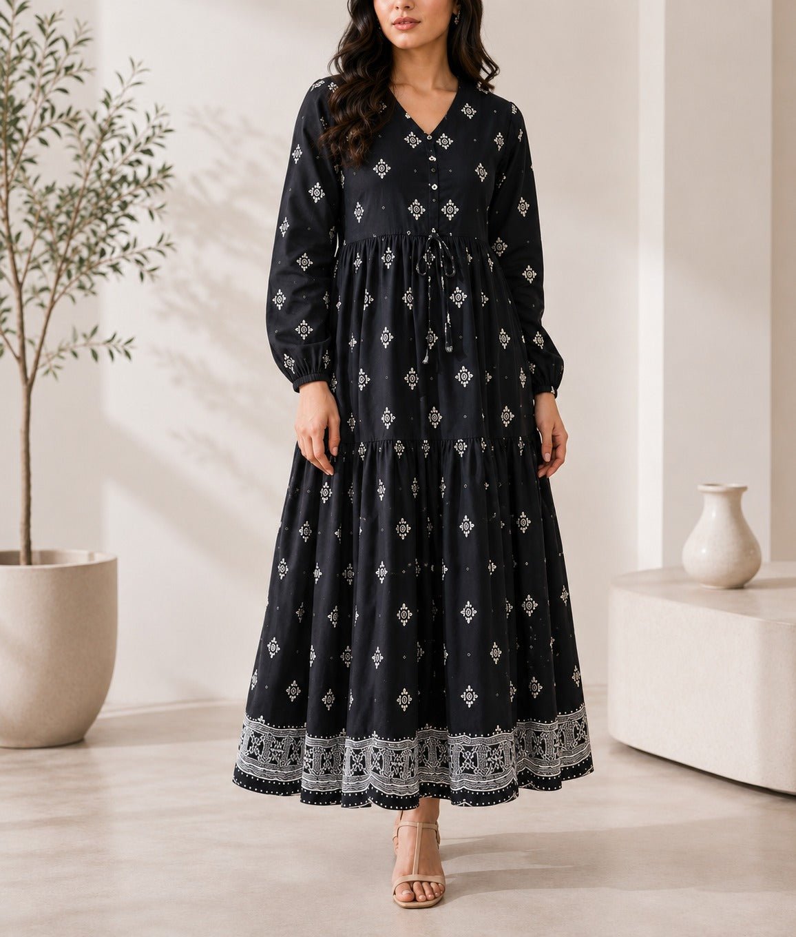 Ladies Black Long Sleeve Tie Front Tier Dress - StylePhase SA
