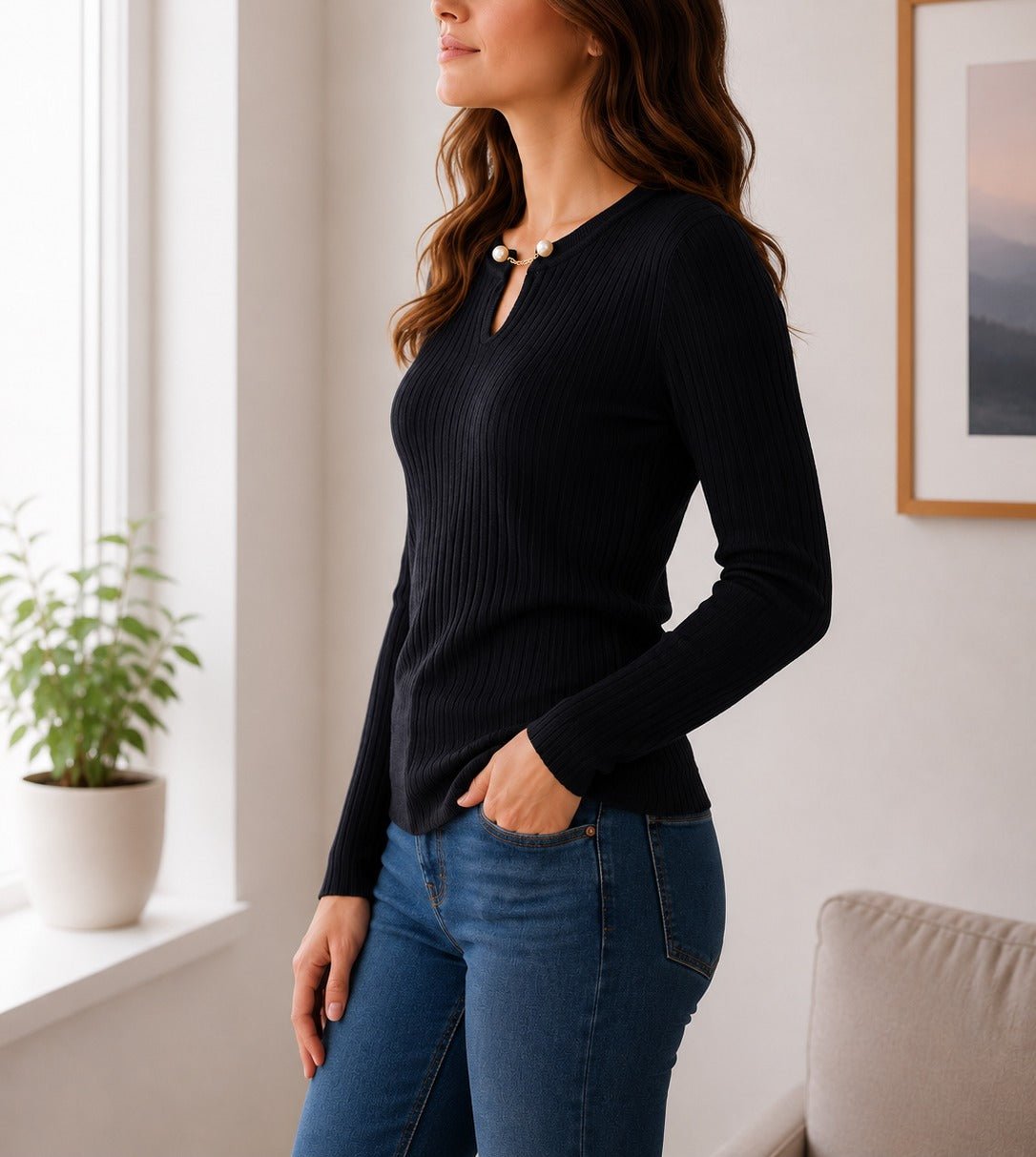 Ladies Black Pearl Detail Jersey Top - StylePhase SA