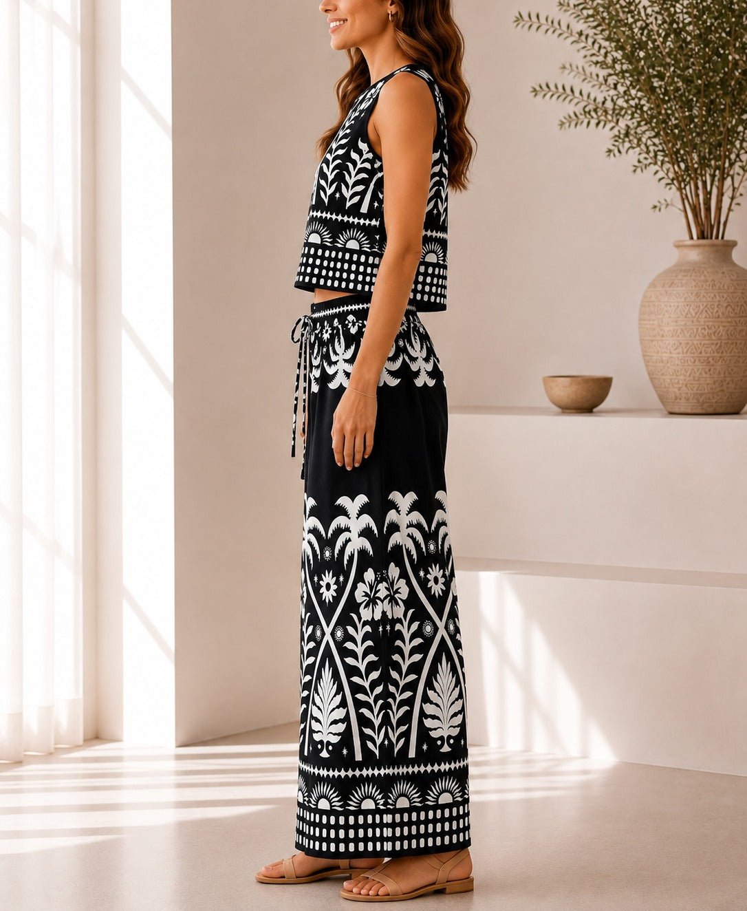 Ladies Black Tropical Print Wide Leg Two Piece - StylePhase SA