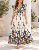 Ladies Blue And Cream Floral Print Flutter Sleeve Dress - StylePhase SA