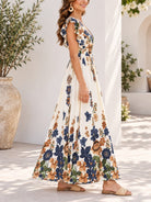 Ladies Blue And Cream Floral Print Flutter Sleeve Dress - StylePhase SA