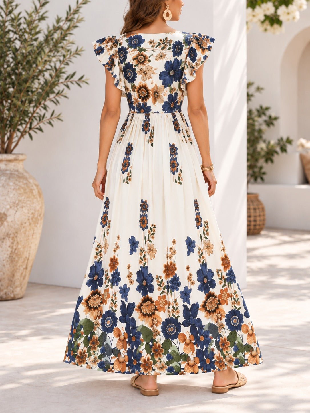 Ladies Blue And Cream Floral Print Flutter Sleeve Dress - StylePhase SA