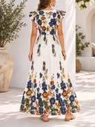 Ladies Blue And Cream Floral Print Flutter Sleeve Dress - StylePhase SA