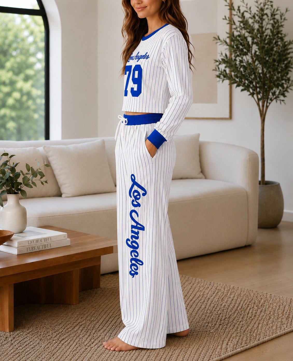 Ladies Blue Baseball Printed Two Piece Set- New Feeling - StylePhase SA