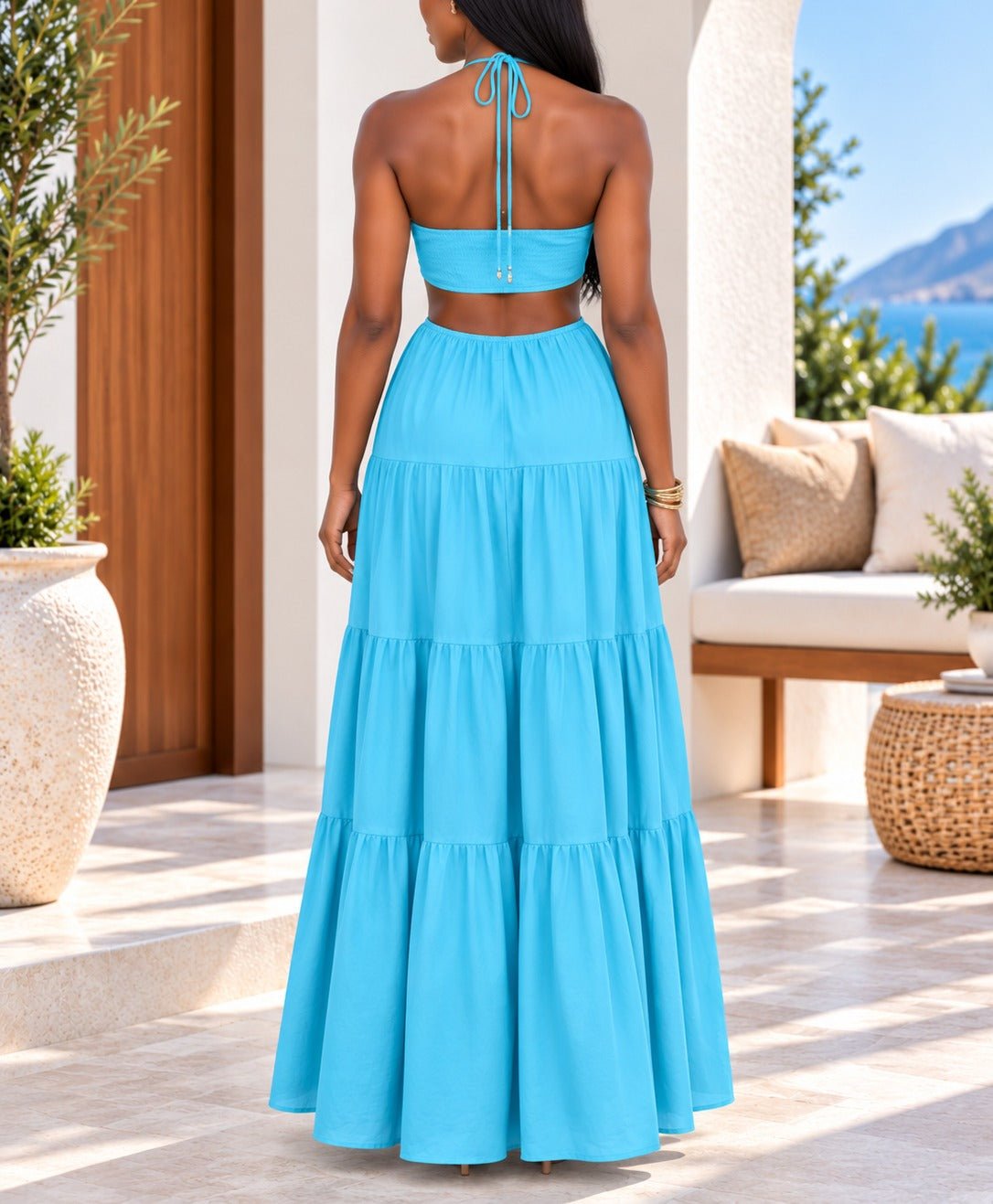 Ladies Blue Cut Out Tie Front Tiered Maxi Dress - StylePhase SA