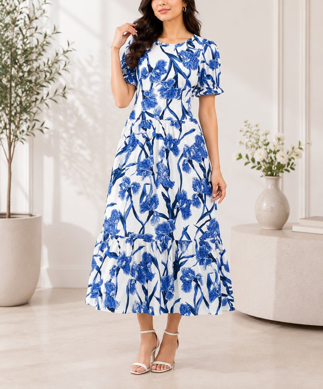 Ladies Blue Floral Midi Tier Dress - StylePhase SA