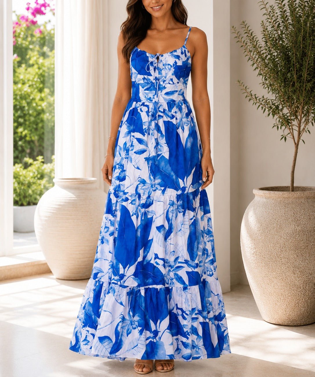 Ladies Blue Floral Print Tie Front Maxi Dress - StylePhase SA