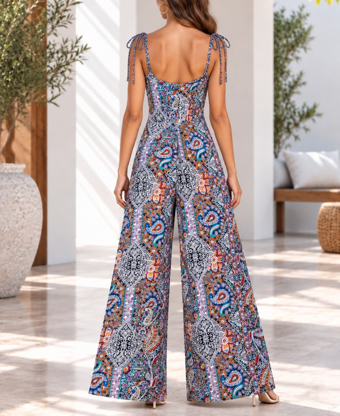Ladies Blue Multi Color Paisley Print Tie Strap Jumpsuit - StylePhase SA