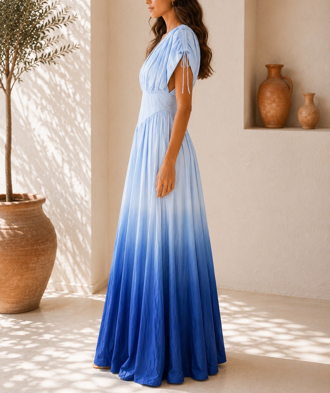 Ladies Blue Ombre Deep V-Neckline Tie Back Maxi Dress - StylePhase SA