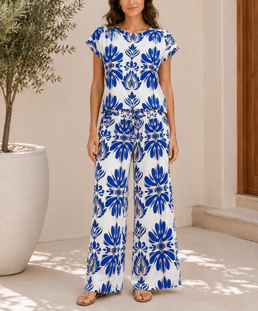 Ladies Blue Short Sleeve Printed Two-Piece Set - StylePhase SA