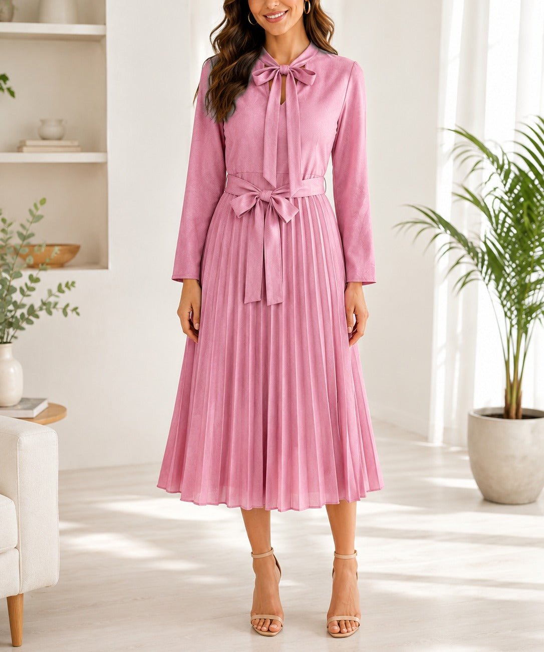 Ladies Blush Bow Pleated Dress - StylePhase SA