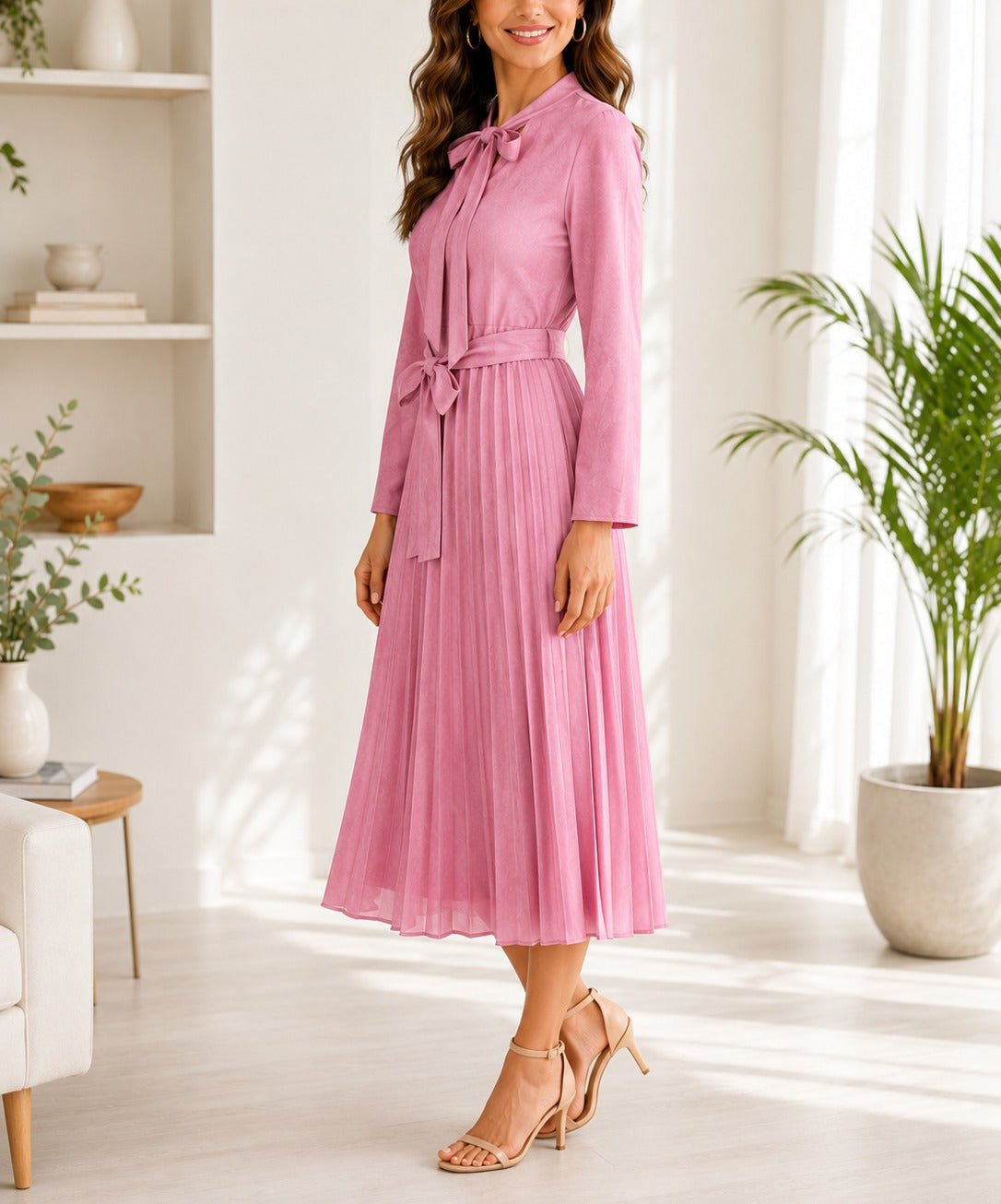 Ladies Blush Bow Pleated Dress - StylePhase SA