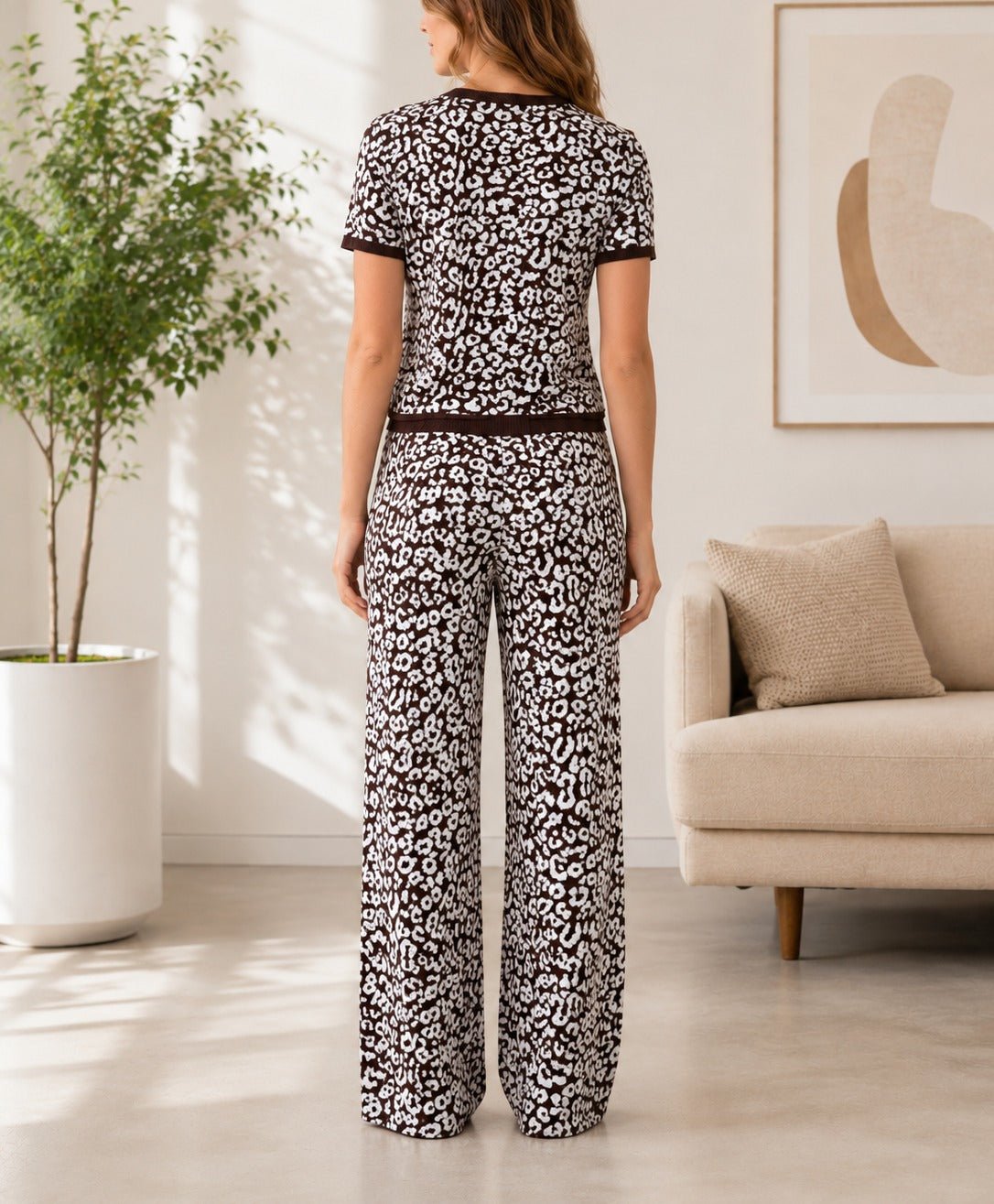 Ladies Brown And White Leopard Print Knitwear Jersey Set - StylePhase SA