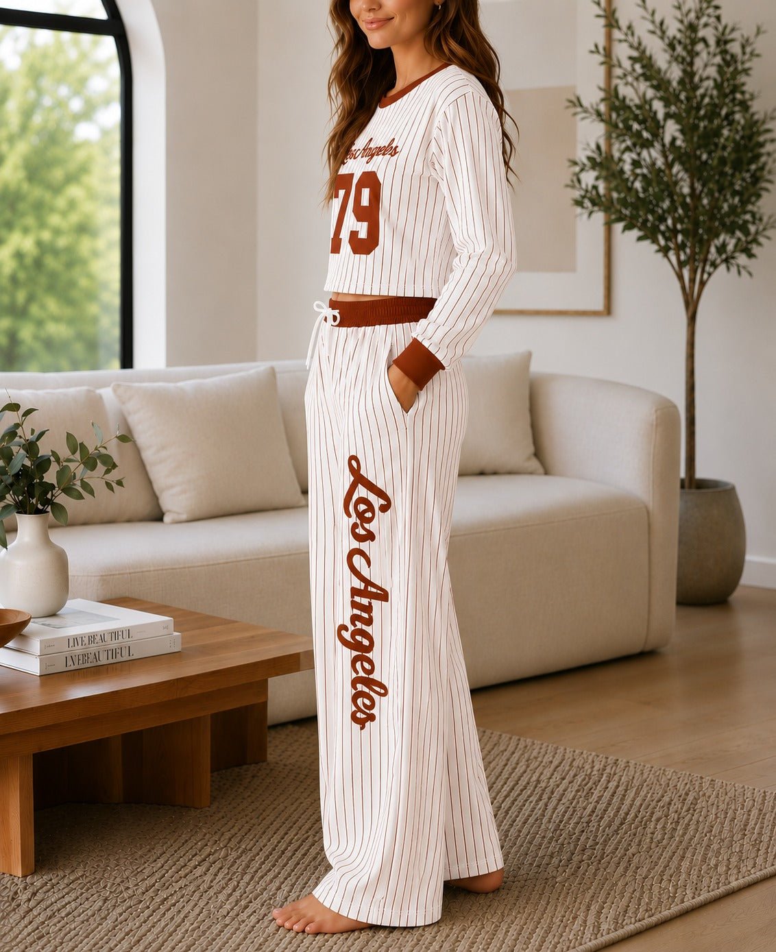 Ladies Brown Baseball Printed Two Piece Set- New Feeling - StylePhase SA