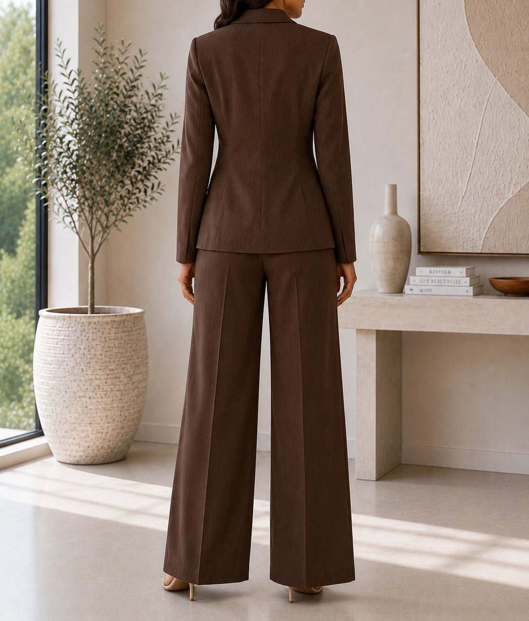 Ladies Brown Double Breasted Blazer & Wide Leg Trouser Set - StylePhase SA