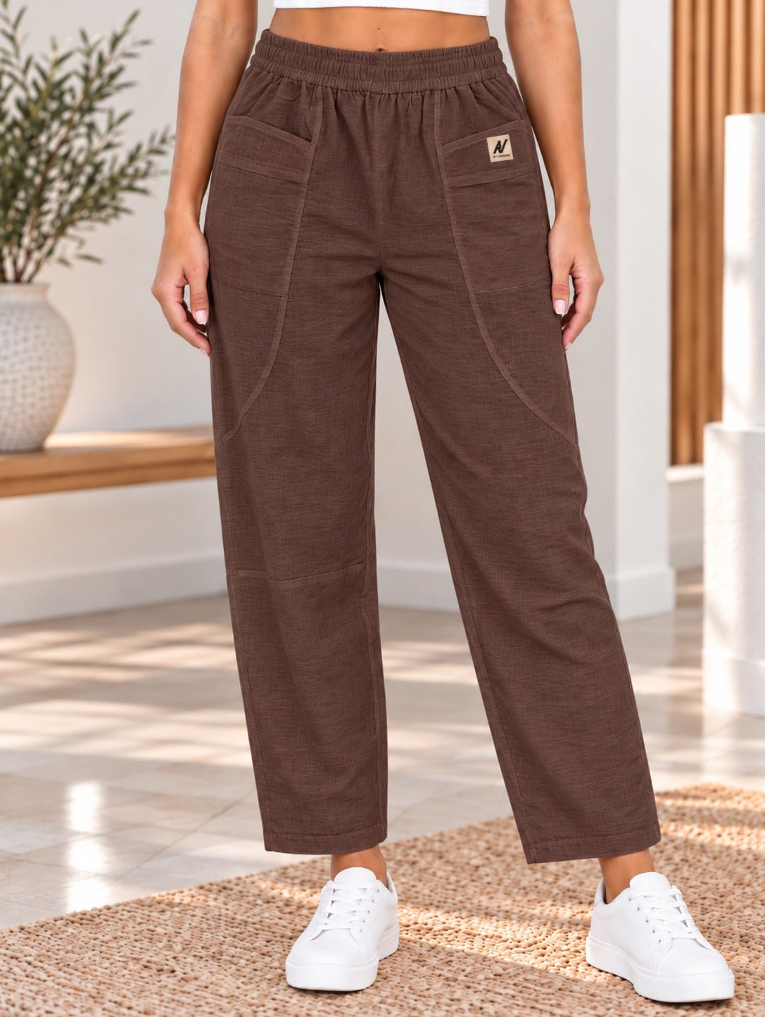 Ladies Brown Elastic Waistband Front Pocket Pants - StylePhase SA