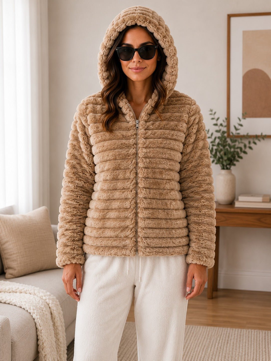 Ladies Brown Faux Fur Hoody Zip Jacket - StylePhase SA