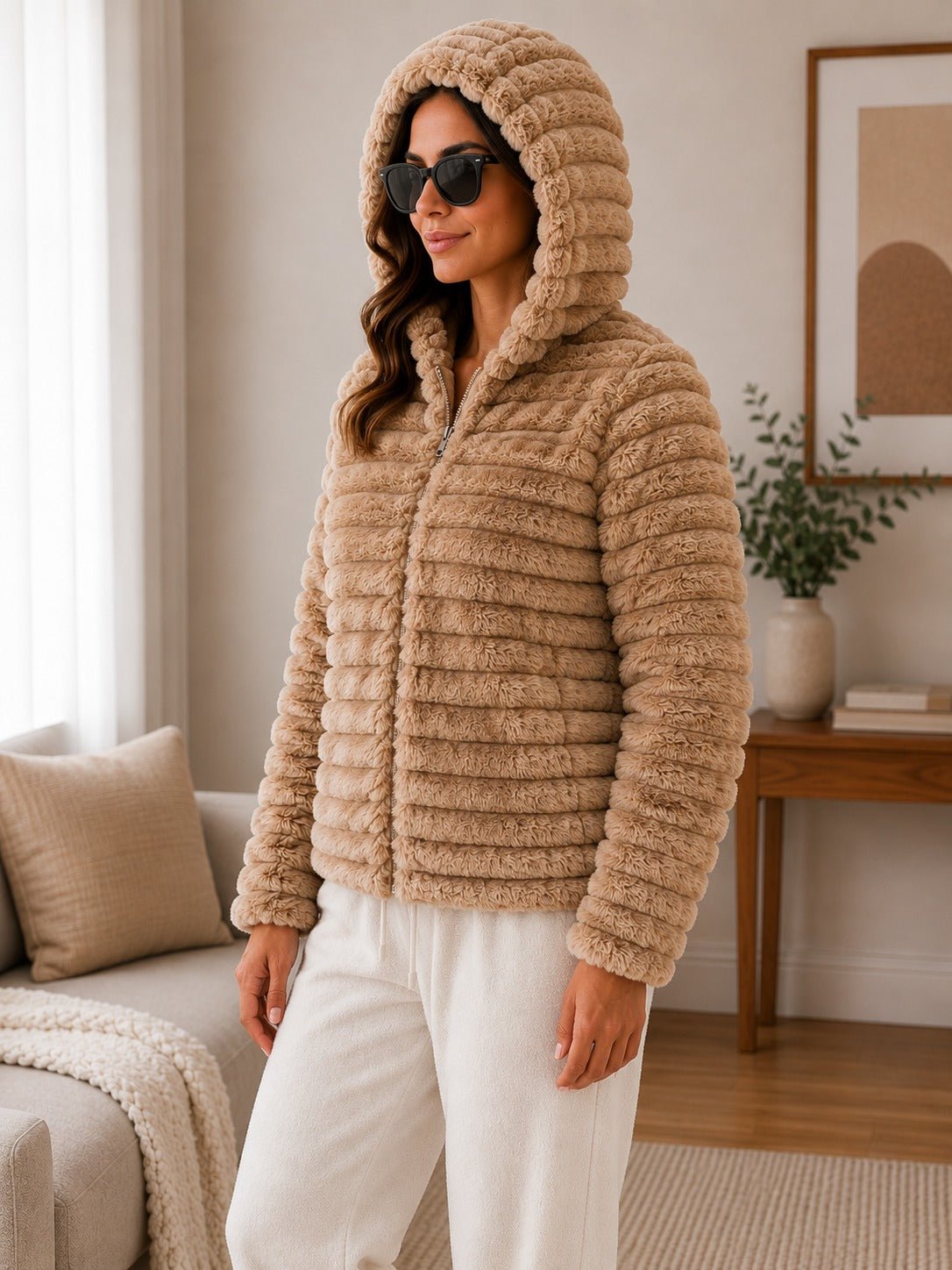 Ladies Brown Faux Fur Hoody Zip Jacket - StylePhase SA