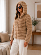 Ladies Brown Faux Fur Hoody Zip Jacket - StylePhase SA