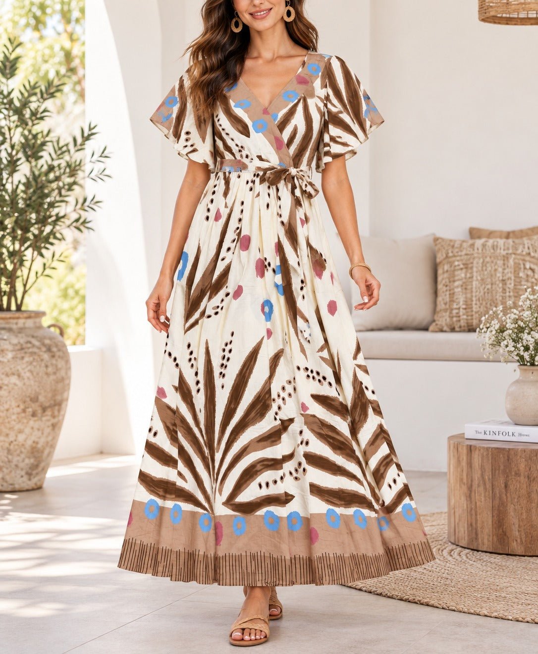 Ladies Brown Fern Print Maxi Dress - StylePhase SA