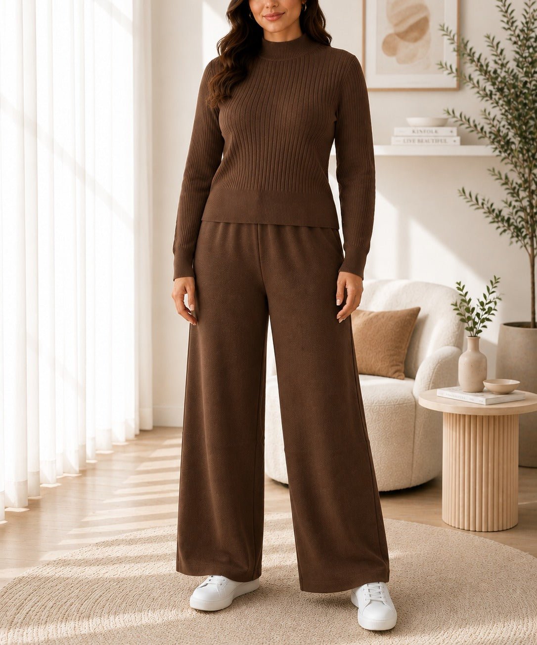 Ladies Brown Jersey Rib Two-Piece Set - StylePhase SA