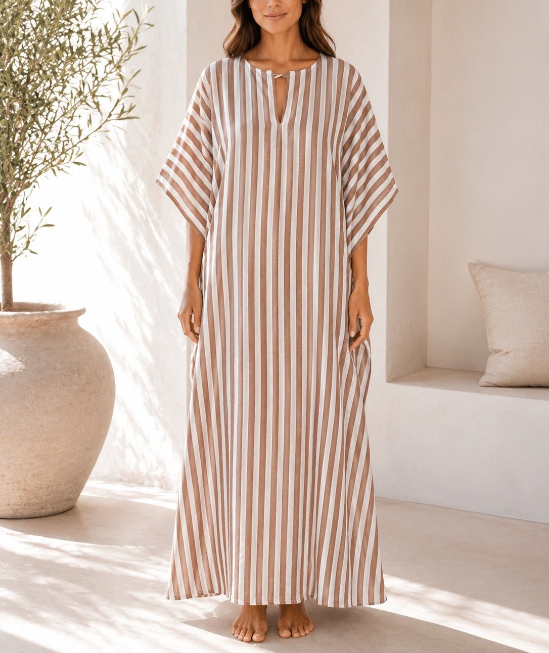 Ladies Brown Stripe Kaftan Maxi Dress - StylePhase SA