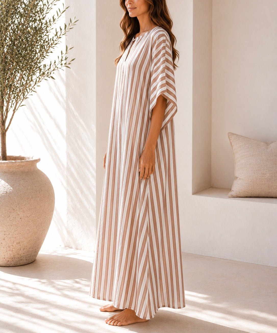 Ladies Brown Stripe Kaftan Maxi Dress - StylePhase SA